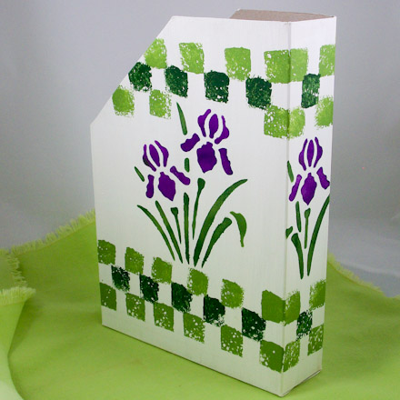Magazine holder with stamped and stenciled decorations
