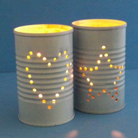 Tin Can Candler Holders with lit candle