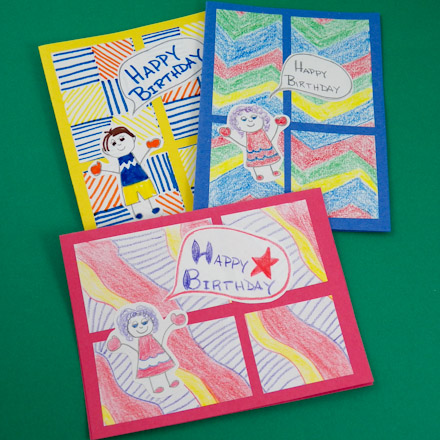 Example kids' four-patch birthday cards