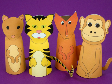 Mouse, tiger, fox and monkey paper cone finger puppets