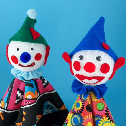 Clown hand puppets made with foam ball heads