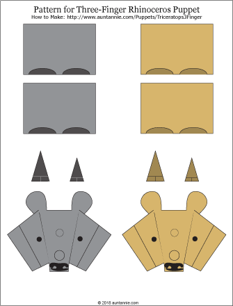 Three-finger rhinoceros puppet patterns - color and black-and-white