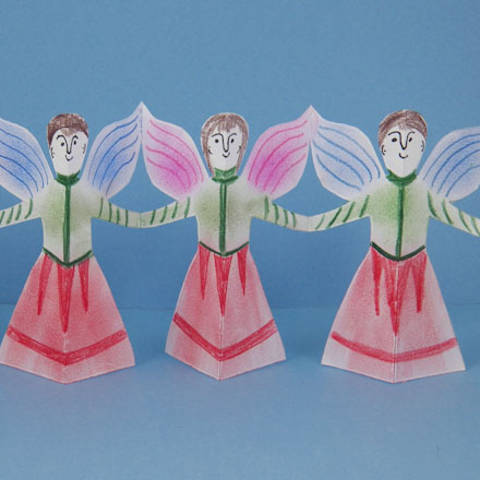 Angels colored with chalk and colored pencils