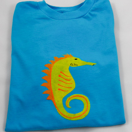 Stenciled seahorse enhanced with liquid embroidery