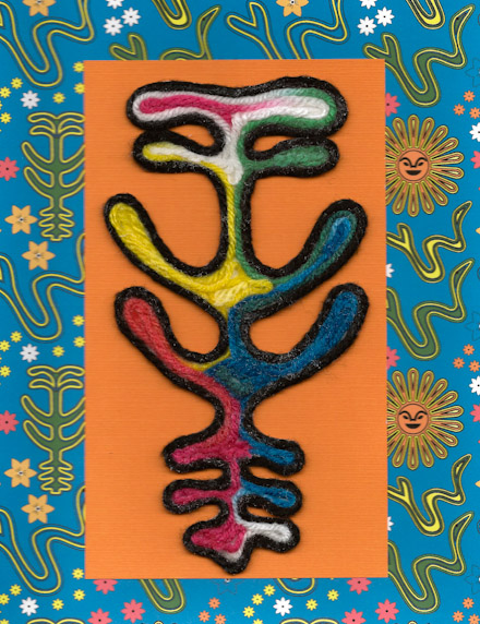 Huichol yarn painting from Mexico using variegated yarn