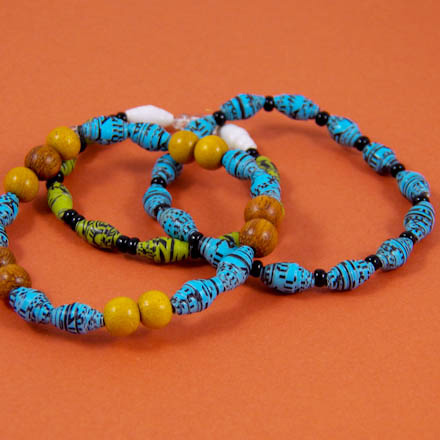 Shiny paper beads made into bracelets