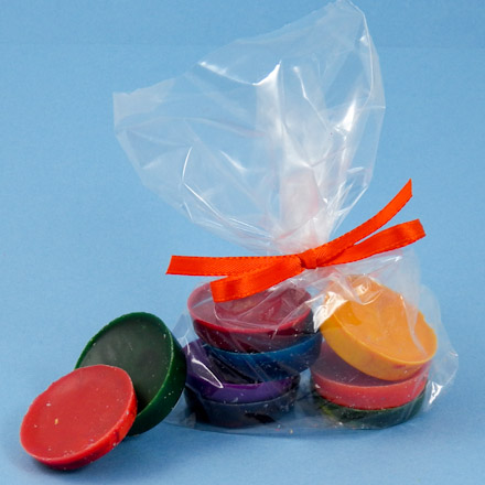 Recycled crayons in bag with ribbon