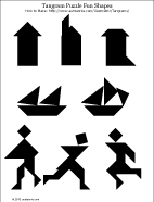 Printable tangram puzzle worksheets - people, boats and house shapes