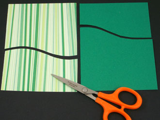 Cut each rectangle in two pieces with a curved cut.