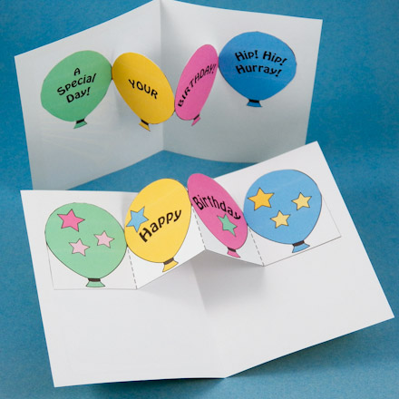 Balloon pop-ups in birthday card or party invitation