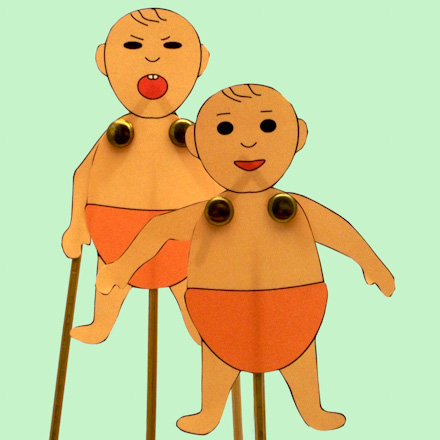 Two Wasis animated stick puppet - crying and happy