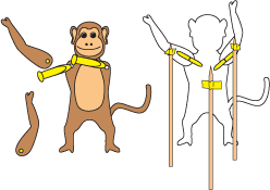 Fasten arms to body and tape sticks to back of monkey puppet