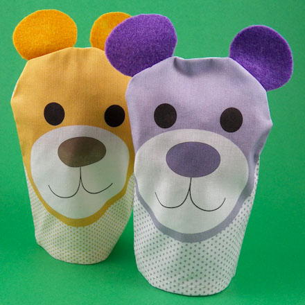 Bear hand puppets made from patterns printed directly on fabric sheets