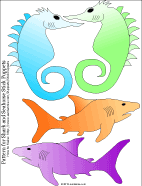 Printable pattern for seahorse and shark puppets, shaded