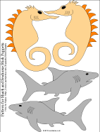 Printable pattern for seahorse and shark stick puppets
