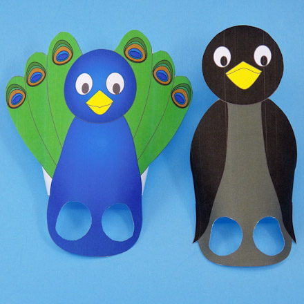 Peacock and black crow finger puppets