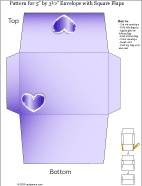 Printable pattern for A1 small envelope, square flap, purple with hearts