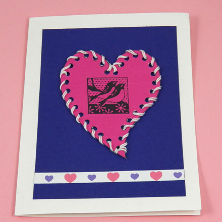 Heart sewing card embellishment on greeting card